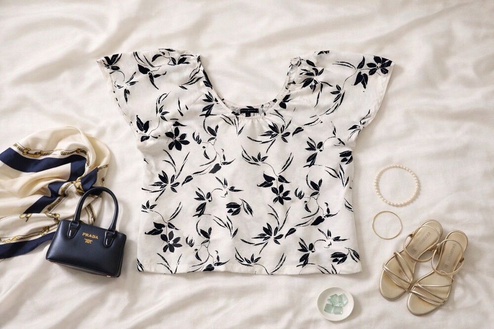 Banana Republic Floral Blouse White Black Short Sleeve Lightweight Top XL
